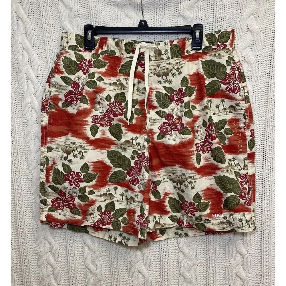 Tommy HilfigerHawaiian Floral Swim Trunks Beach Shorts Palm Trees Red White S‎